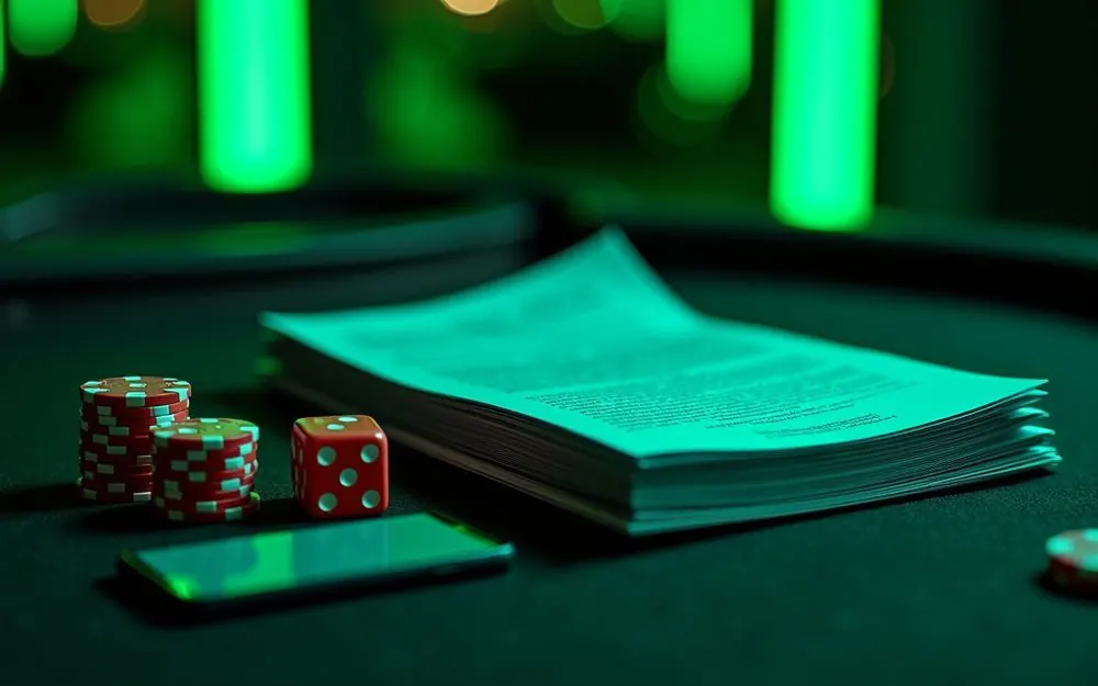 Pino raportteja pokeripöydällä, nopat ja pelimerkit vieressä