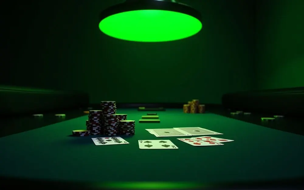 Tyhjä pokeripöytä, jakajan merkit ja kortit aseteltuina limenvihreän lampun alla