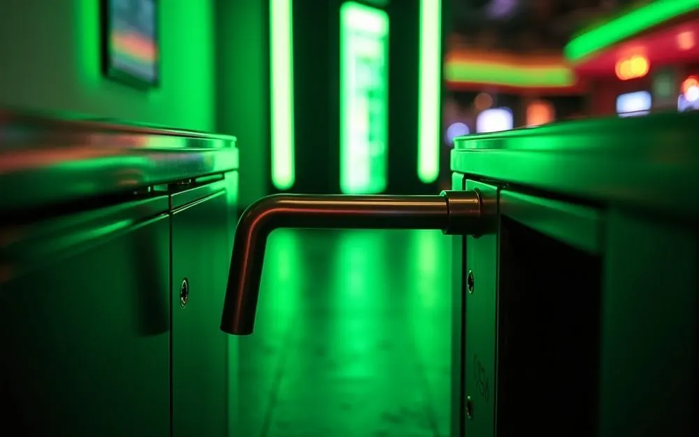 Harjattu teräksinen kääntöportti kasinon sisäänkäynnillä, limenvihreä neon