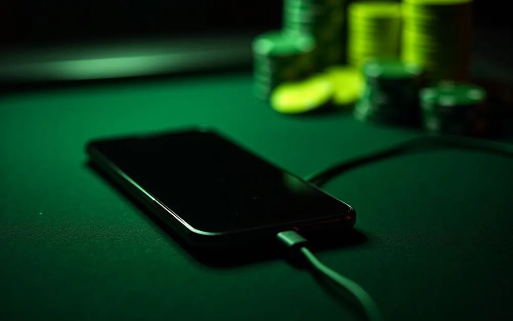 Puhelin latautuu mustalla pokeripöydällä, limenvihreä kaapeli, pelimerkkejä taustalla