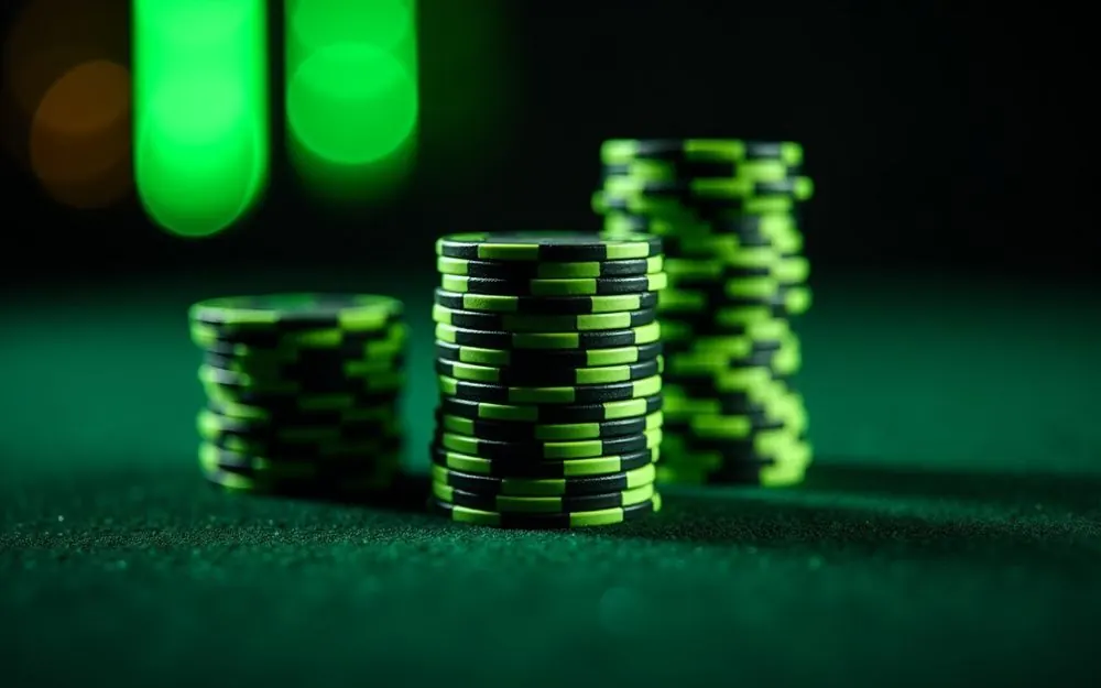 Siistejä pinoja mustia ja limenvihreitä pokerimerkkejä tummalla huopapöydällä